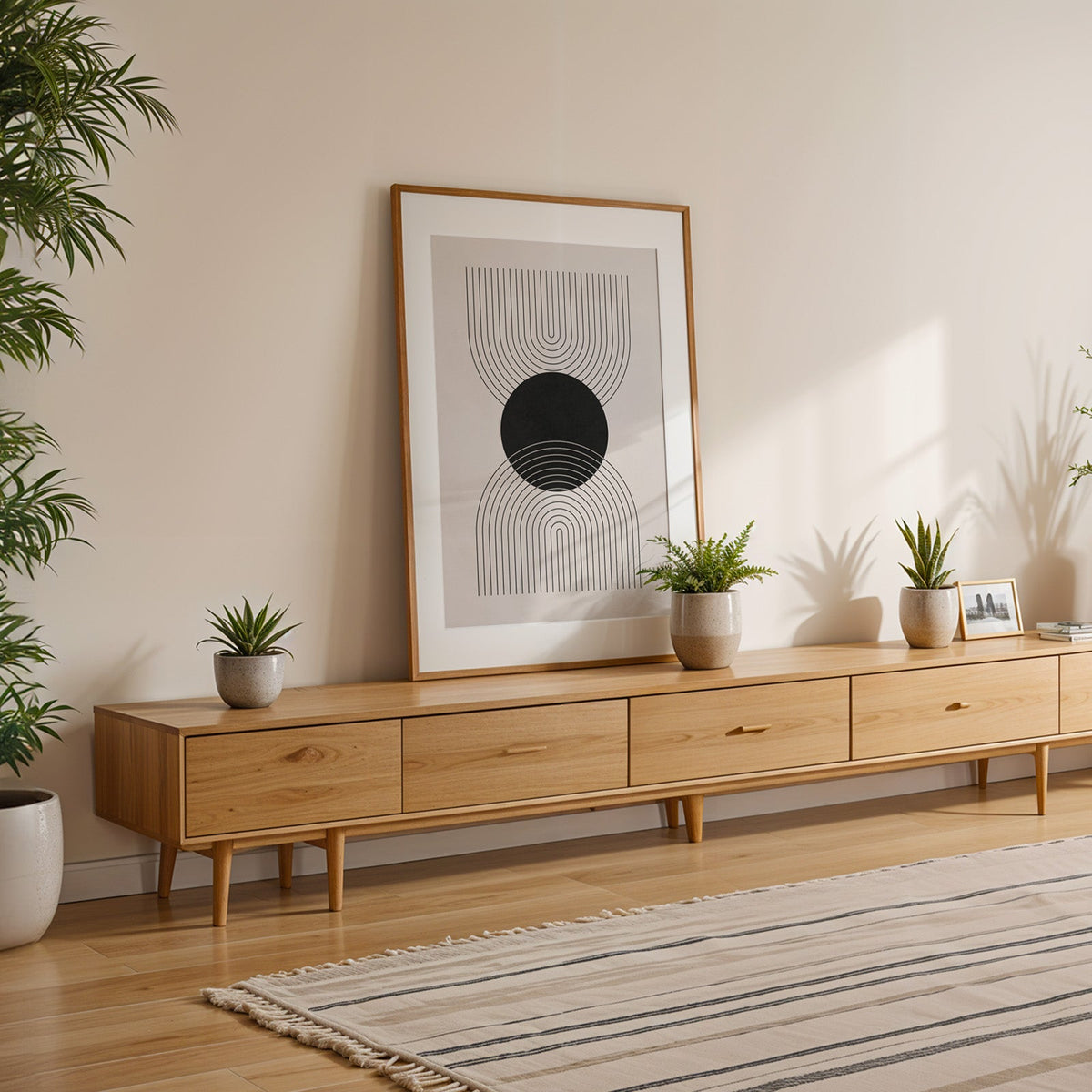 Black circle and mirrored line arches print shown with a white mat in an oak frame on a low oak console