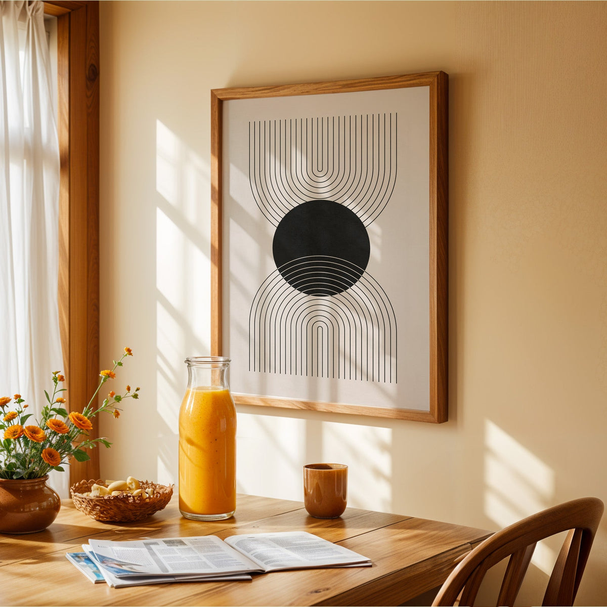 Black circle and mirrored line arches print in a walnut frame above a sunny breakfast table with orange flowers