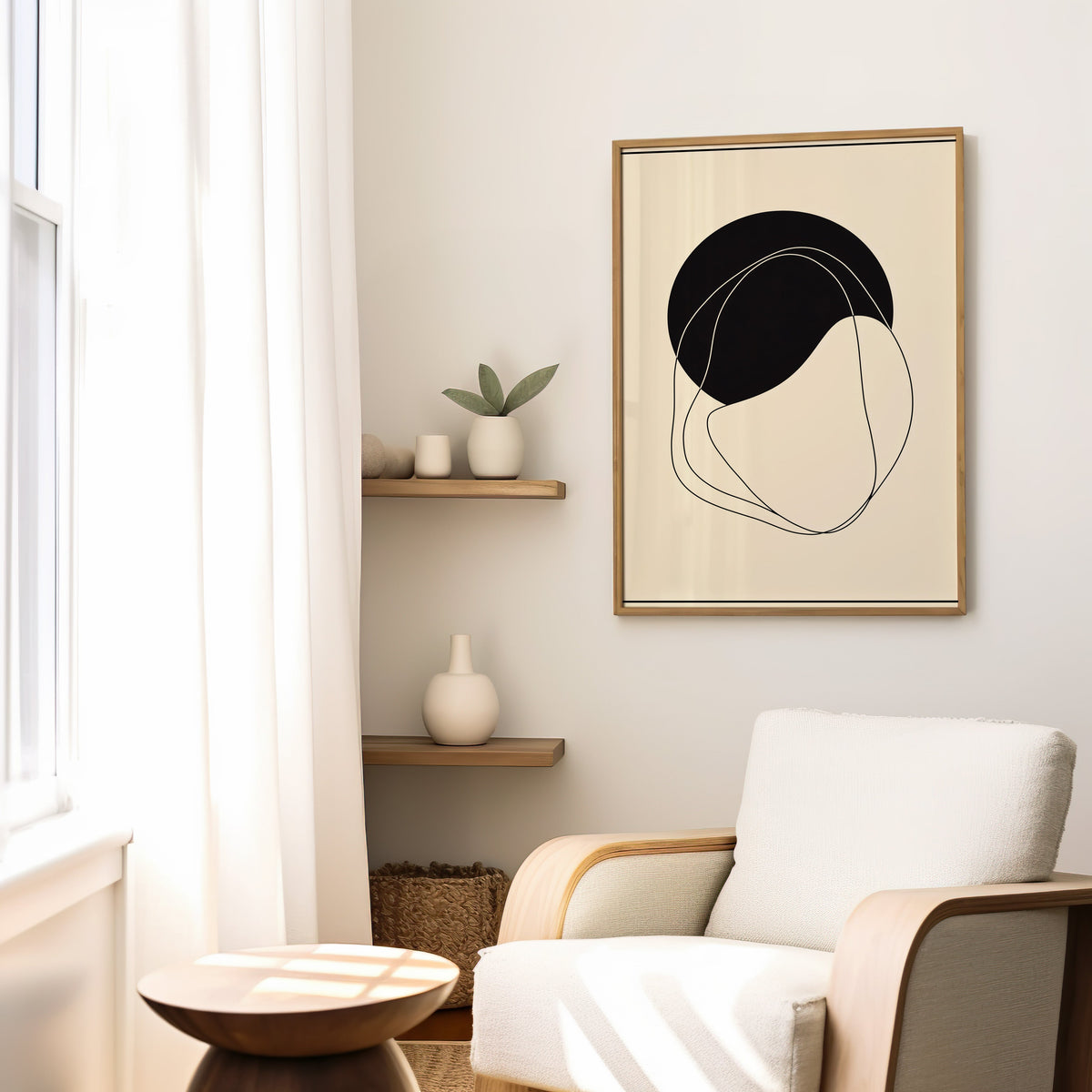 Black circle and organic line minimalist print in a slim oak frame above a cream boucle armchair by floating shelves