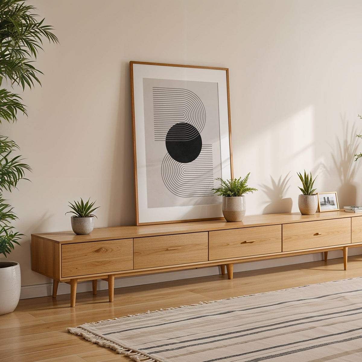Black circle and S curve lines minimalist print shown with a white mat in an oak frame on a low oak console