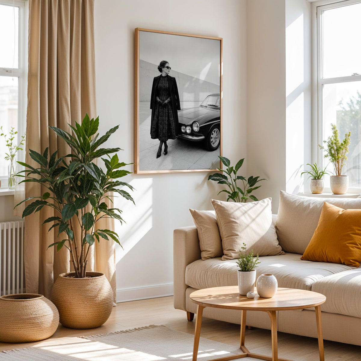 Black and white woman in tweed coat by classic car print in an oak frame above a cream sofa beside woven planters