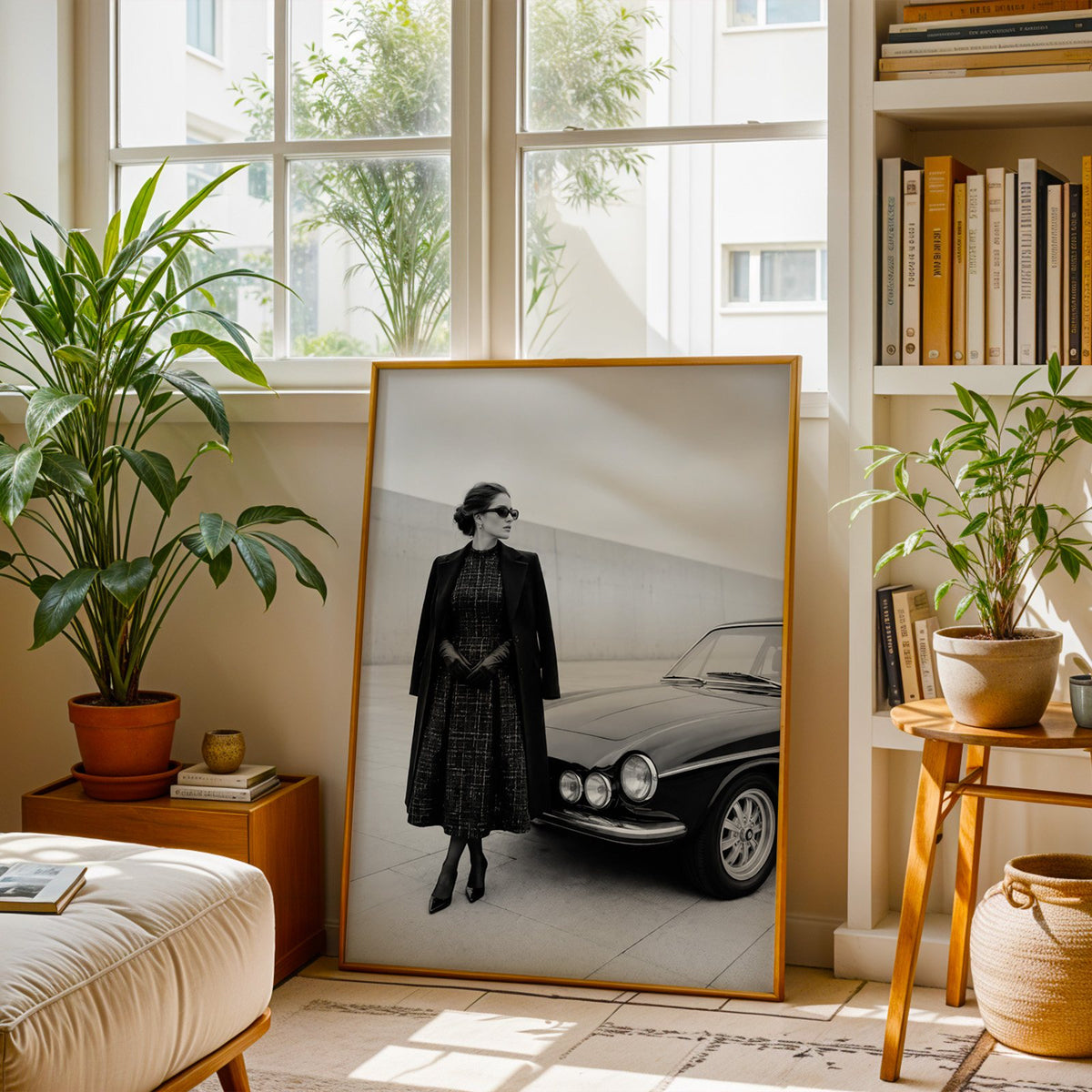 Black and white woman in tweed coat by classic car print shown in a brass frame leaning on a sunlit living room floor