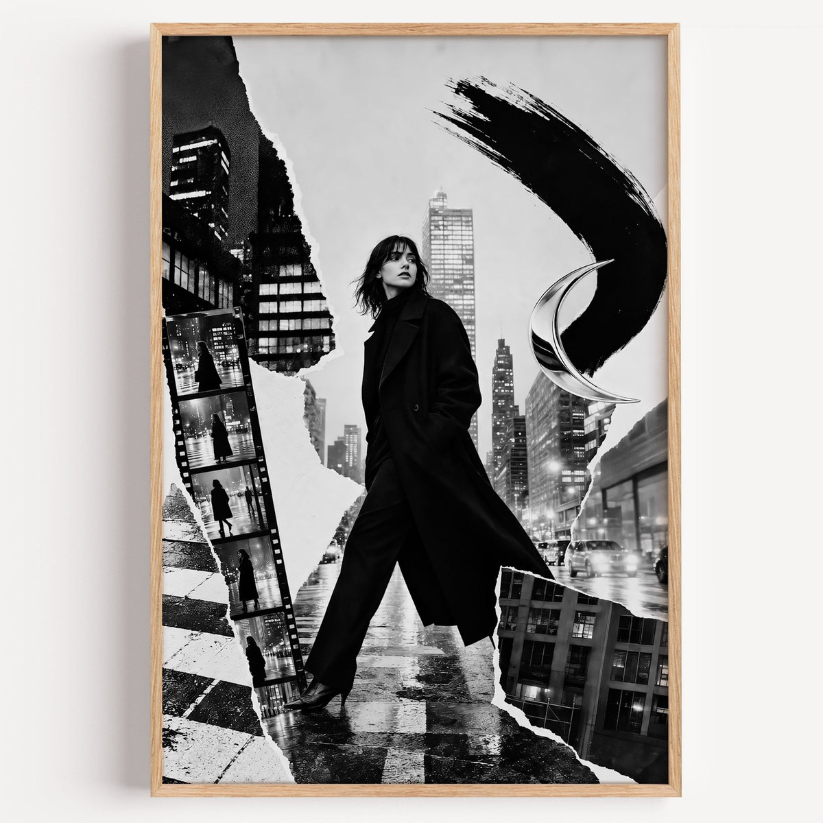 Woman in black coat torn paper collage print in a light oak frame on a plain white wall