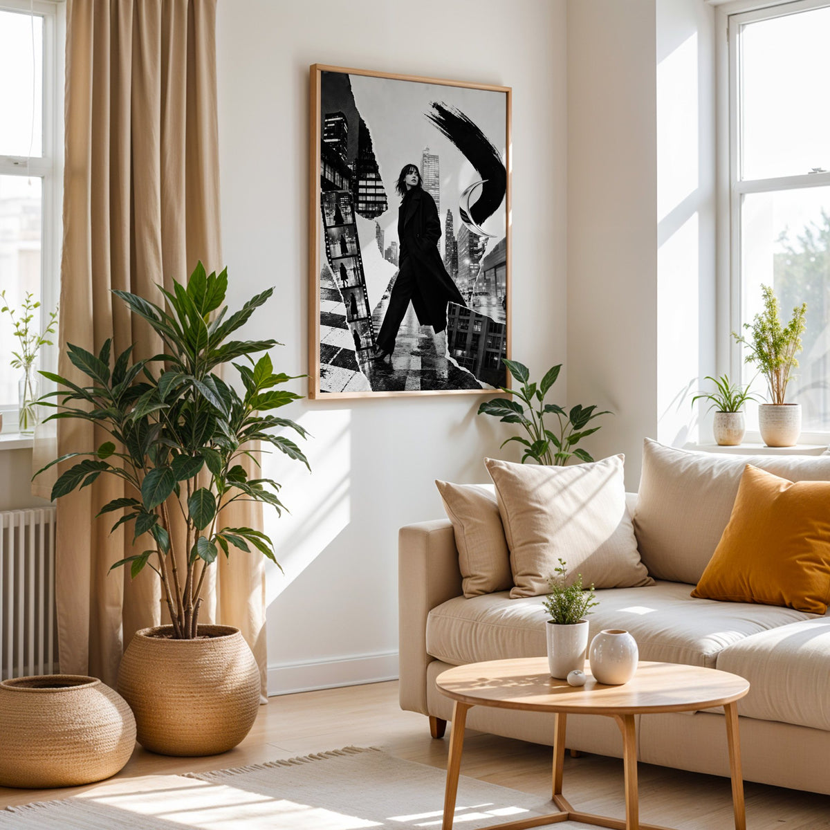 Woman in black coat torn paper collage print in an oak frame above a cream sofa beside woven planters