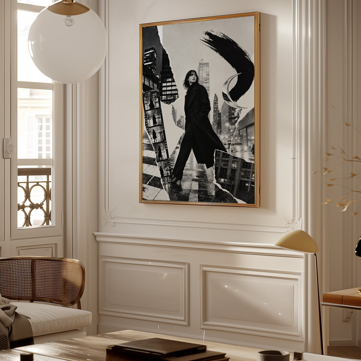 Woman in black coat torn paper collage print shown in a gold frame in a Parisian paneled living room