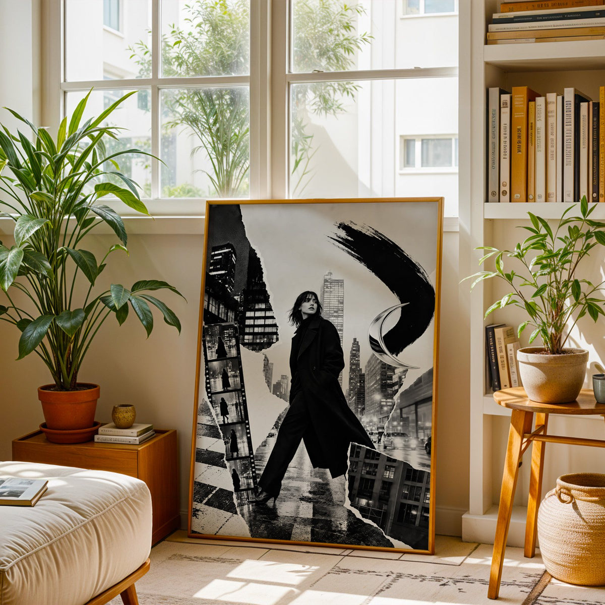 Woman in black coat torn paper collage print shown in a brass frame leaning on a sunlit living room floor