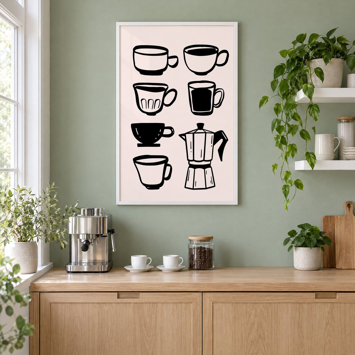 Black coffee cups and moka pot print in a white frame on a sage green coffee nook wall above an espresso machine