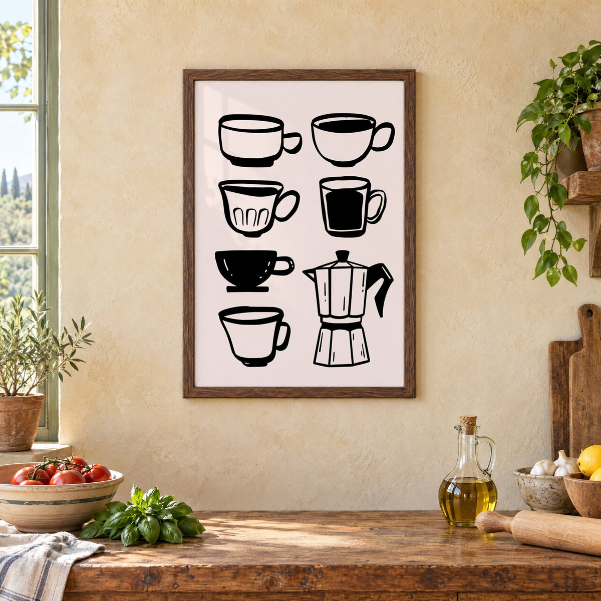 Black coffee cups and moka pot print in a walnut frame above a rustic Italian kitchen table with tomatoes