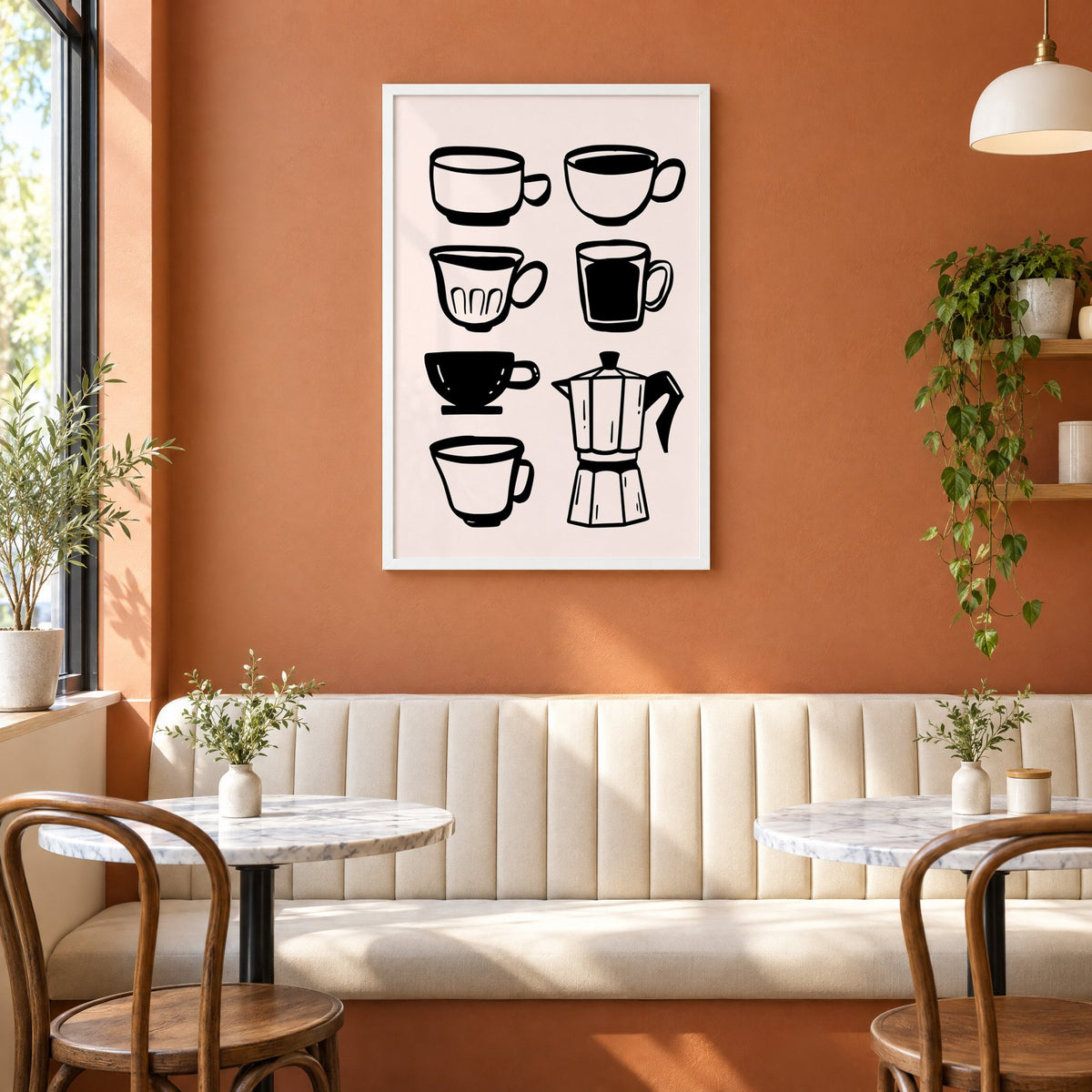 Black coffee cups and moka pot print in a white frame above a cream banquette on a terracotta cafe wall