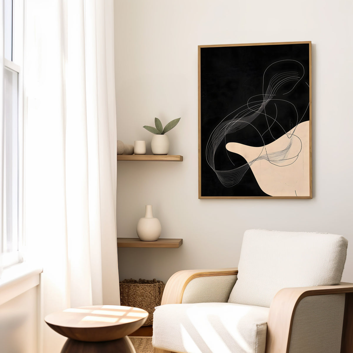 Black and cream flowing line art abstract print in a slim oak frame above a cream boucle armchair by floating shelves