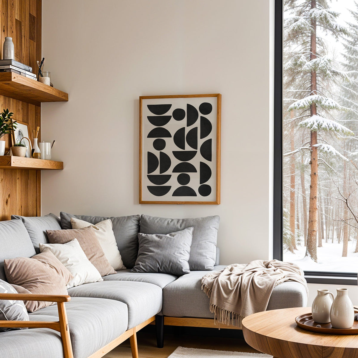 Black and cream semicircle pattern mid century print in an oak frame above a grey sectional sofa by a snowy forest window