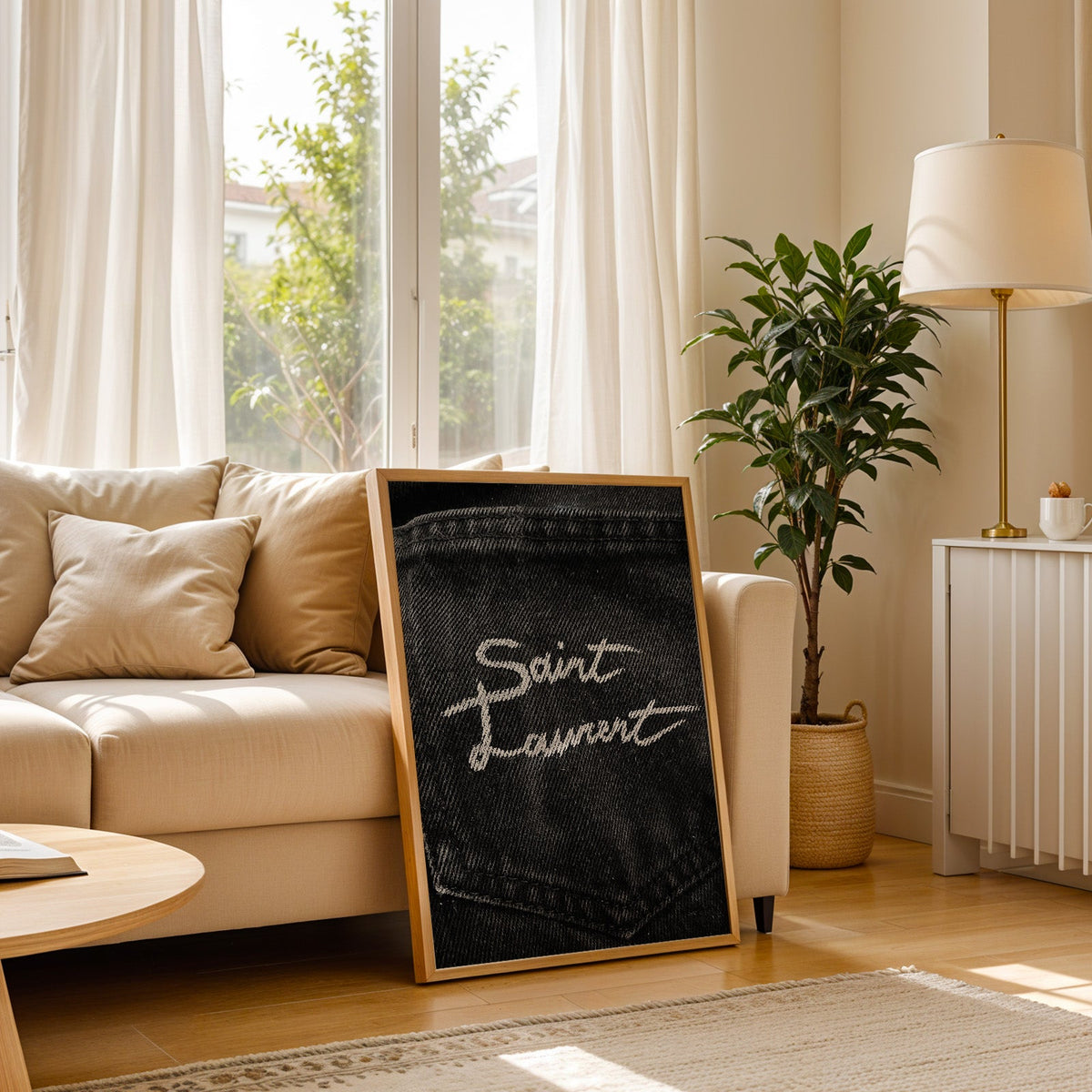 White script stitched on black denim pocket print in a light oak frame leaning on a cream sofa beside a floor lamp