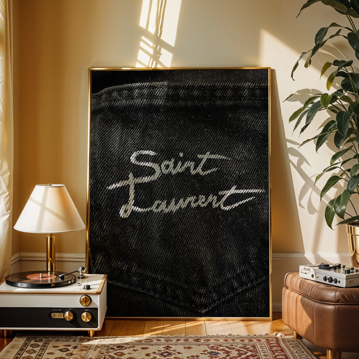 White script stitched on black denim pocket print shown in a gold frame beside a record player and table lamp