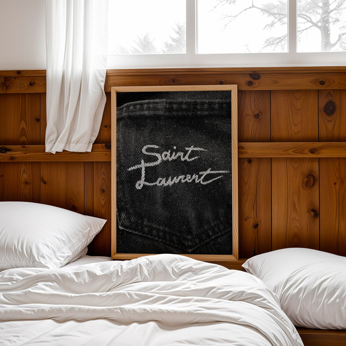 White script stitched on black denim pocket print in a pine frame leaning on a wood headboard over white bedding
