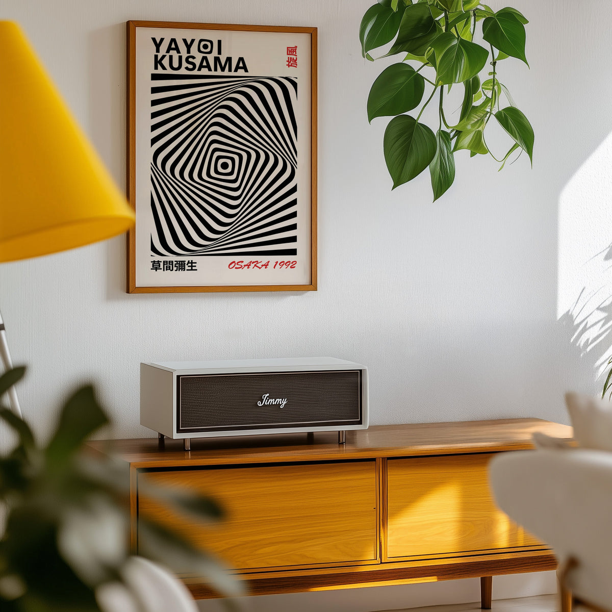 Yayoi Kusama inspired black diamond warp op art print in an oak frame above a teak sideboard with pothos