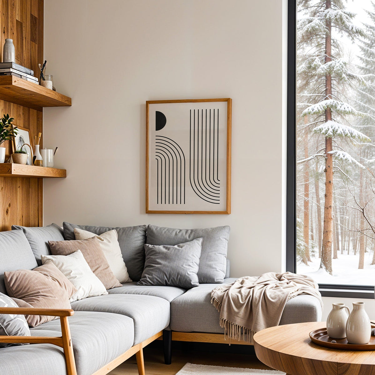 Black half moon and quarter arcs line art print in an oak frame above a grey sectional sofa by a snowy forest window