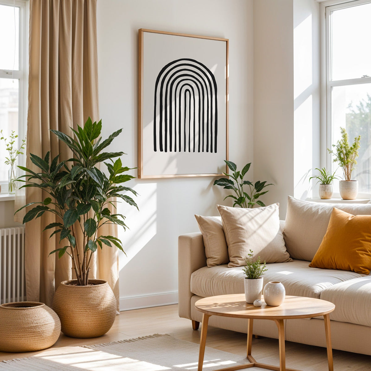 Black hand drawn rainbow arch line art print in an oak frame above a cream sofa beside a tall plant in a woven pot