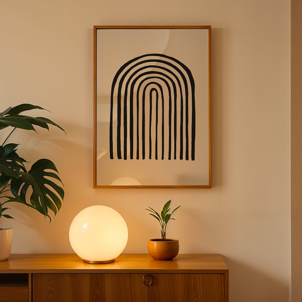 Black hand drawn rainbow arch line art print in an oak frame above a teak cabinet with a globe lamp and monstera