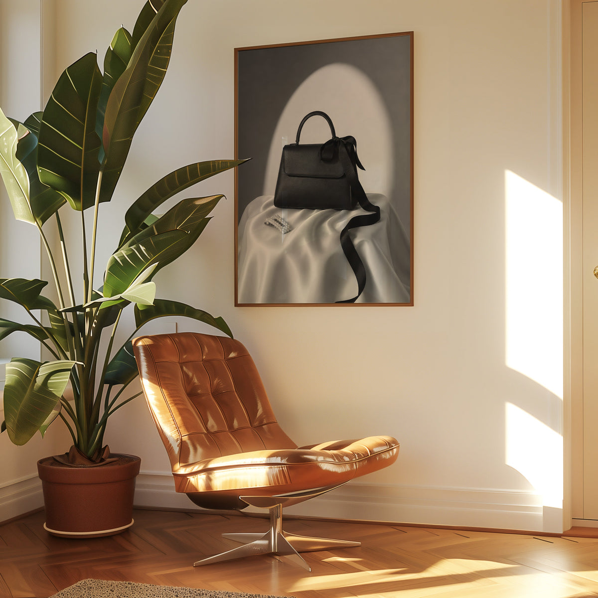 Black top-handle handbag on silk with pearl clip print in a walnut frame above a leather lounge chair