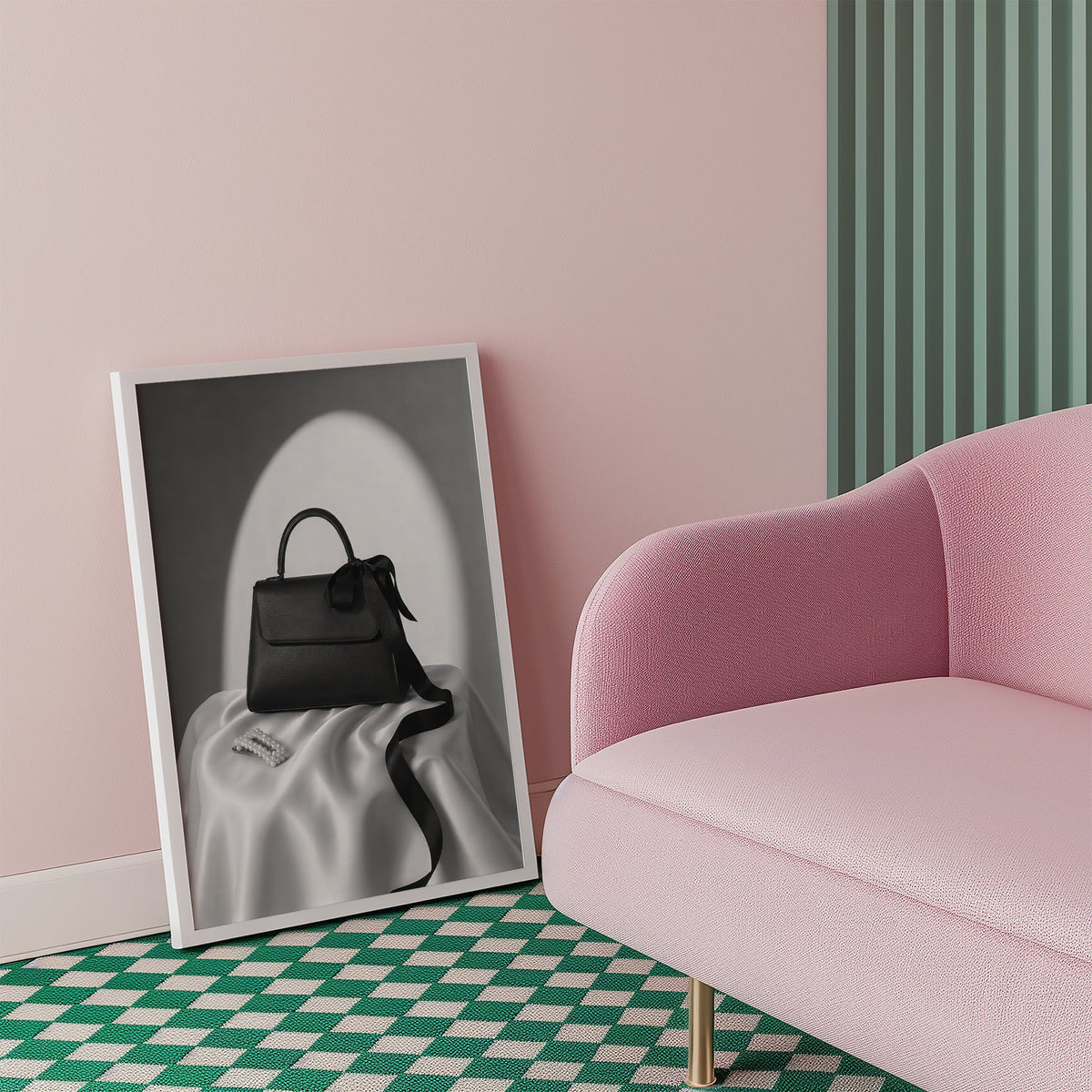 Black top-handle handbag on silk with pearl clip print in a white frame beside a pink armchair on a checkered floor
