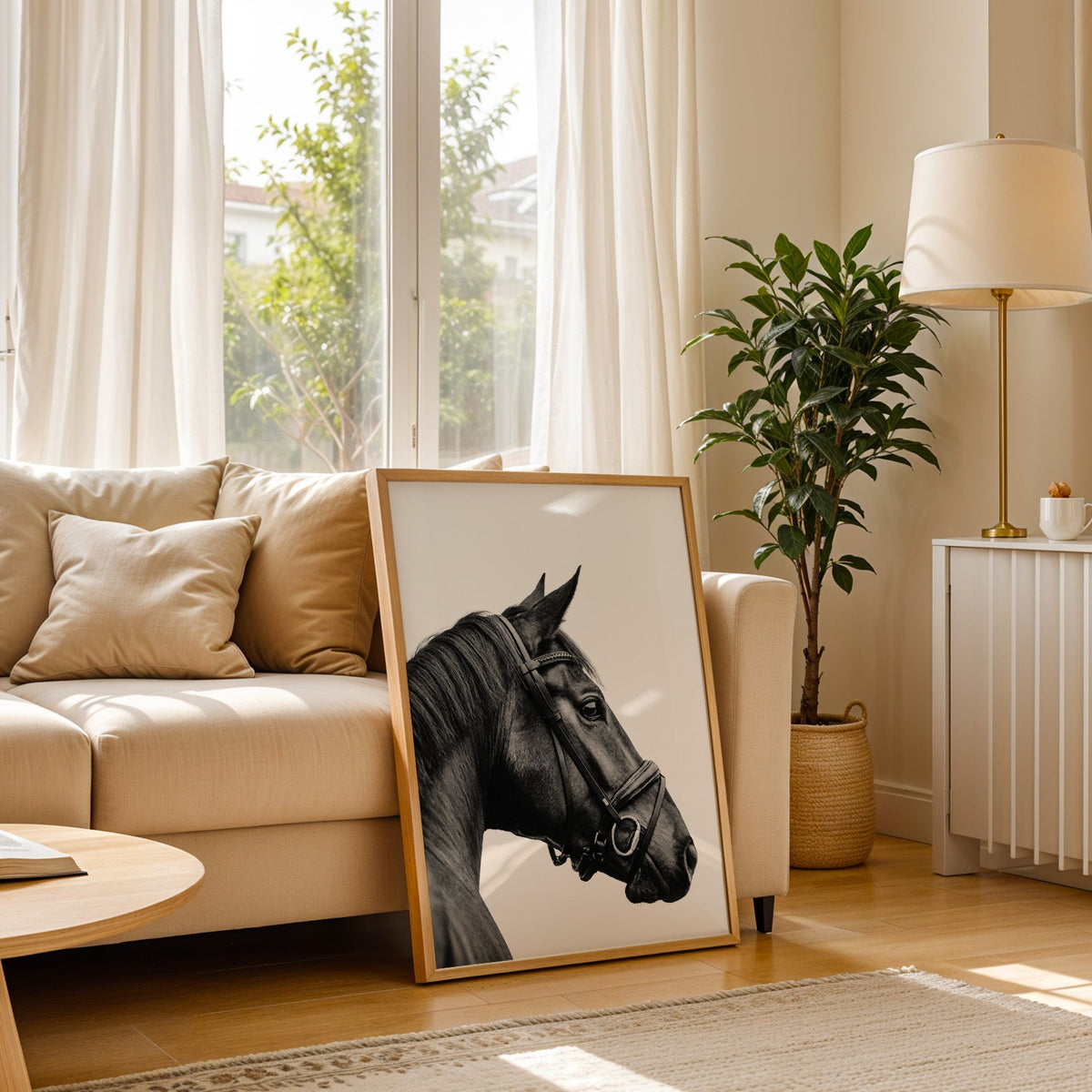 Black horse head in leather bridle profile print in a light oak frame leaning on a cream sofa beside a floor lamp