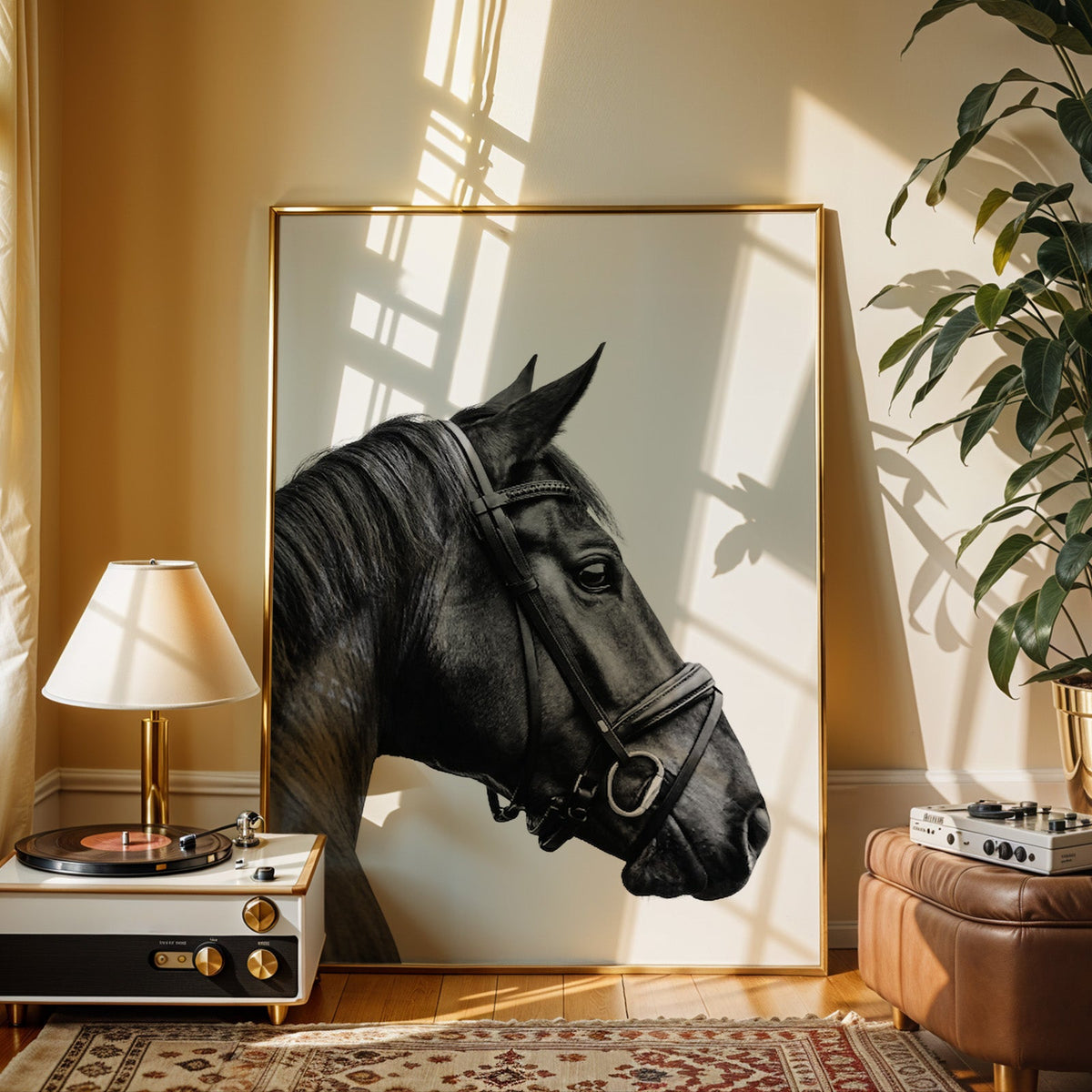 Black horse head in leather bridle profile print shown in a gold frame beside a record player and table lamp