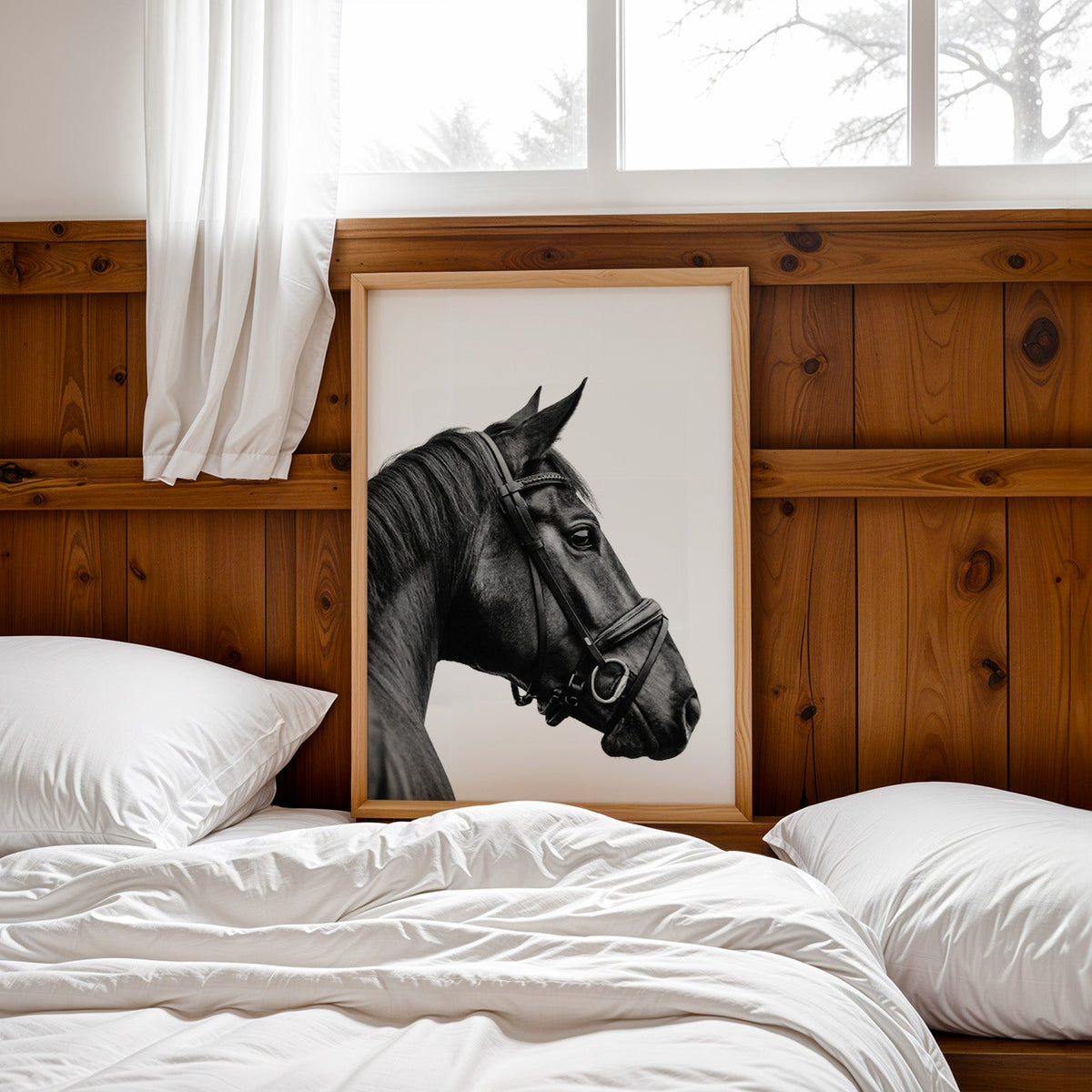 Black horse head in leather bridle profile print in a pine frame leaning on a wood headboard over white bedding