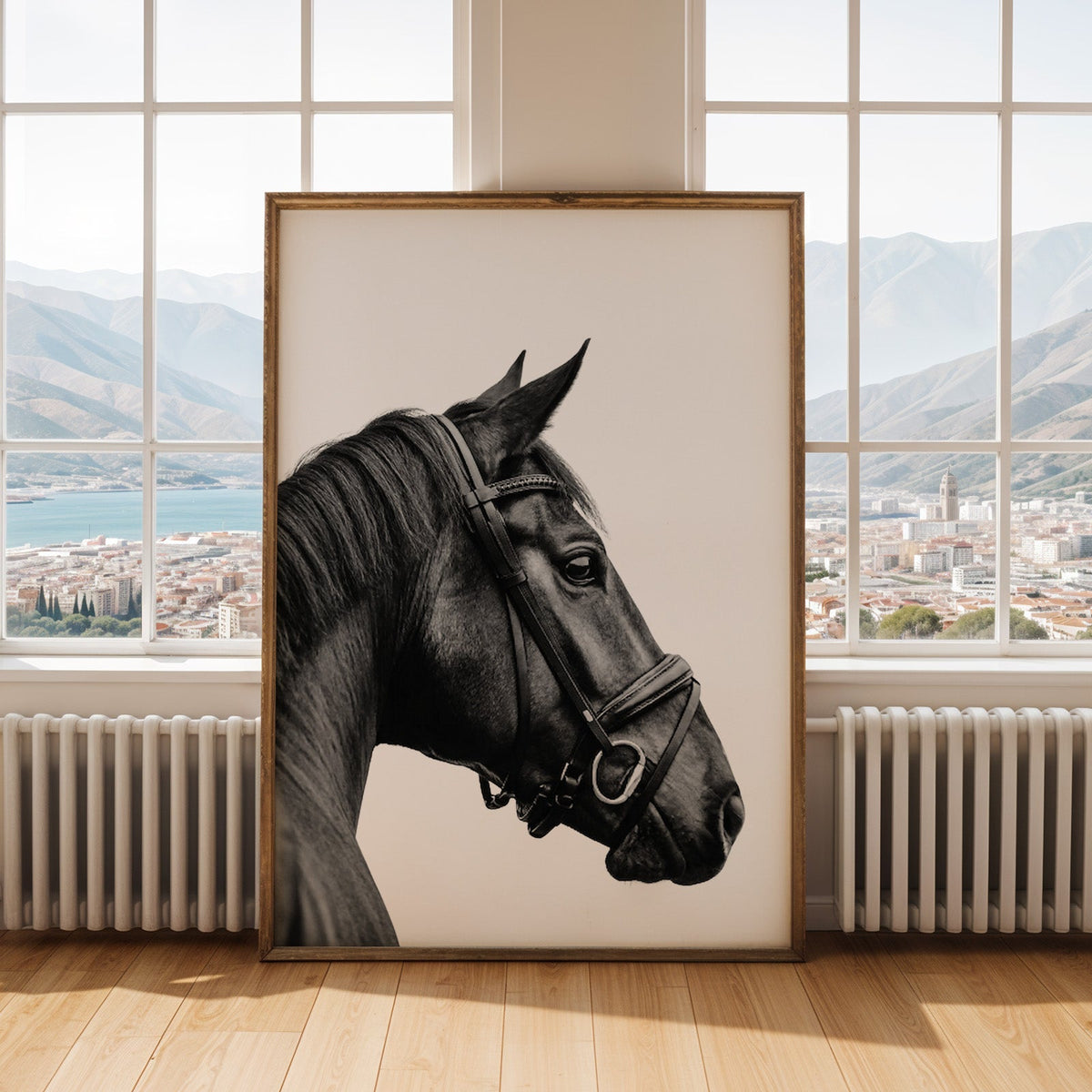 Black horse head in leather bridle profile print shown in an antique gold frame by tall windows with a sea view