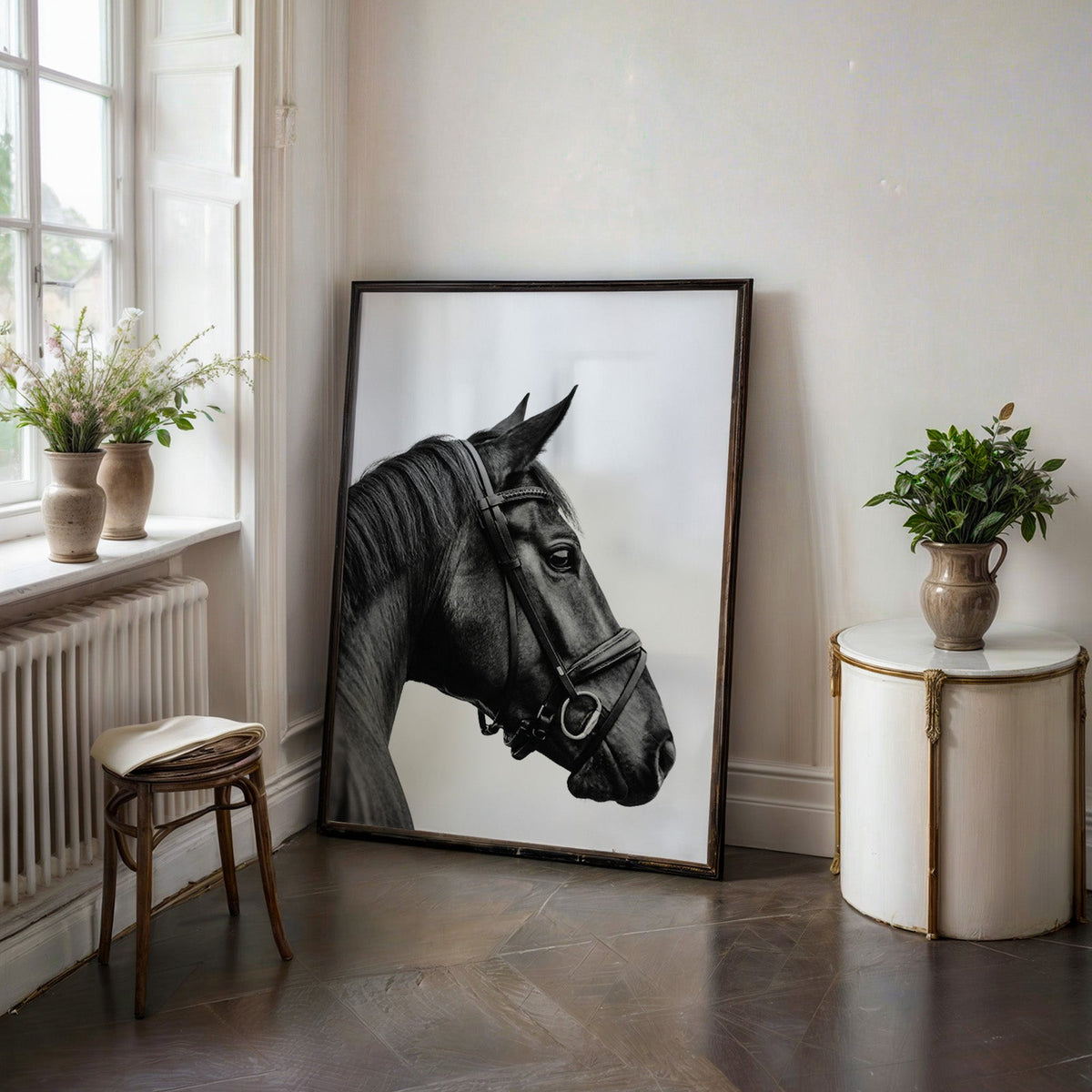 Black horse head in leather bridle profile print in a black frame on a dark stone floor beside a white side table