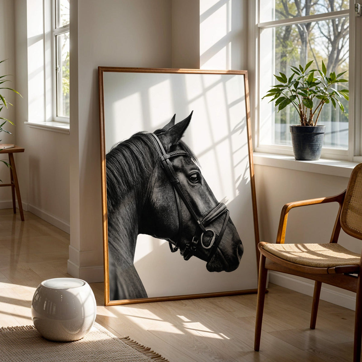 Black horse head in leather bridle profile print in a walnut frame on a wood floor beside a cane chair and sunny window