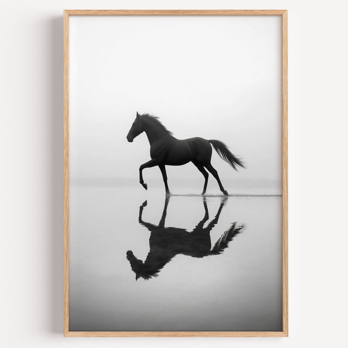 Black horse walking through misty water print in a light oak frame on a plain white wall