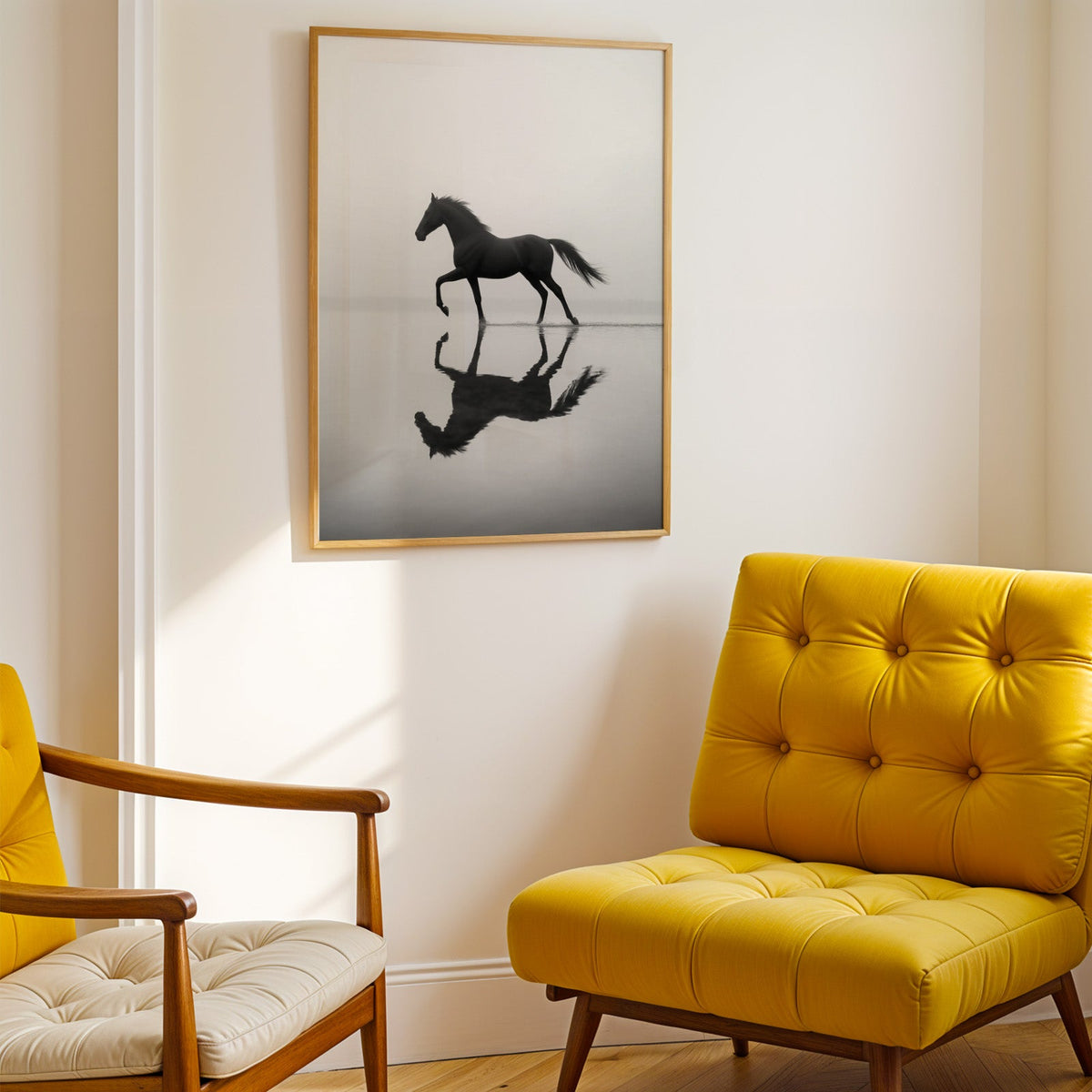Black horse walking through misty water print shown in a gold frame above a mustard yellow tufted armchair