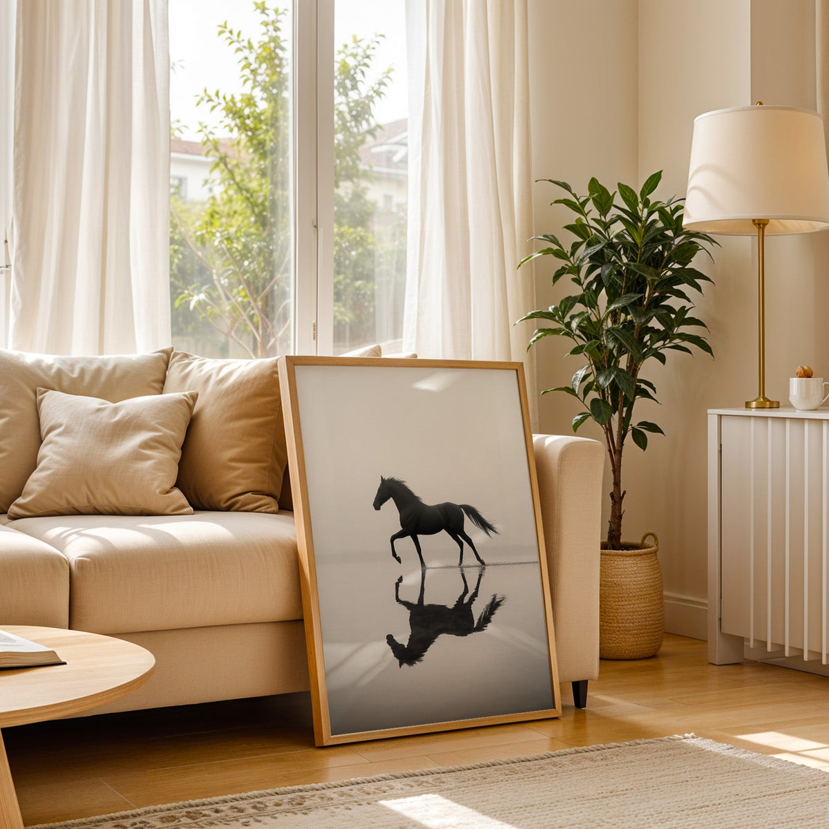 Black horse walking through misty water print in a light oak frame leaning on a cream sofa beside a floor lamp
