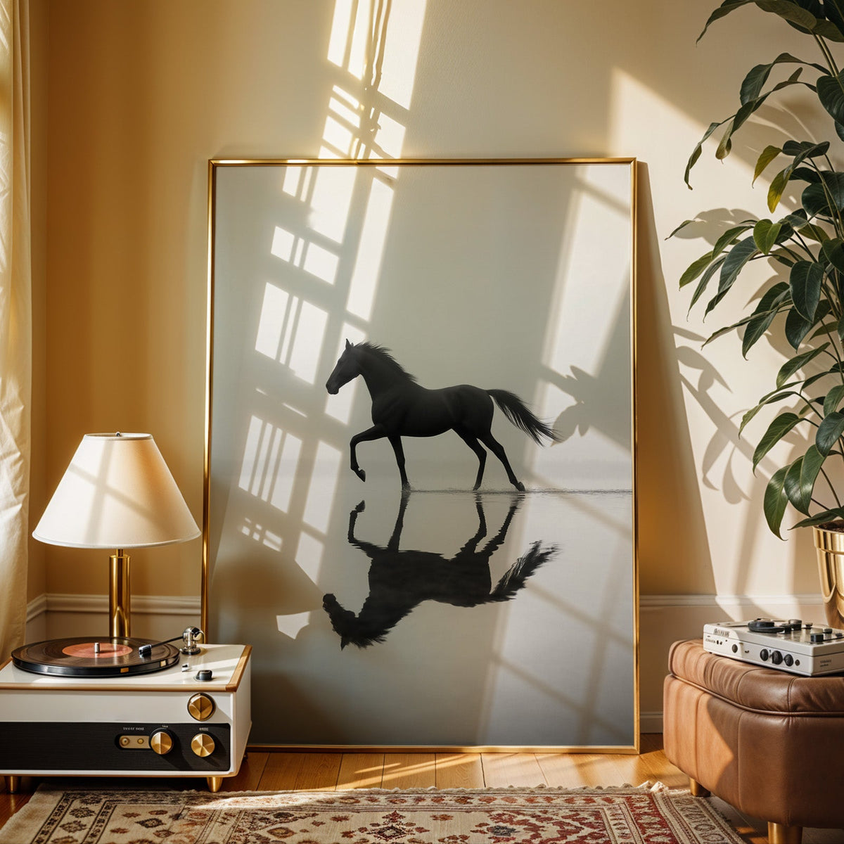 Black horse walking through misty water print shown in a gold frame beside a record player and table lamp