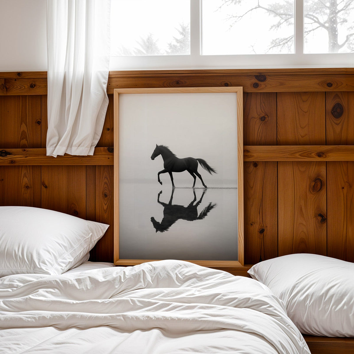 Black horse walking through misty water print in a pine frame leaning on a wood headboard over white bedding