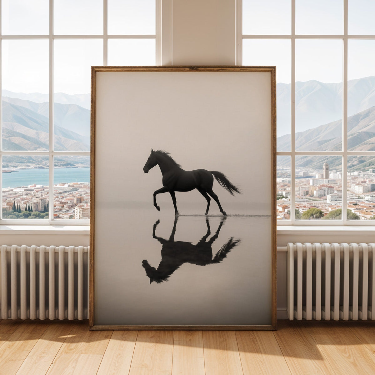 Black horse walking through misty water print shown in an antique gold frame by tall windows with a sea view