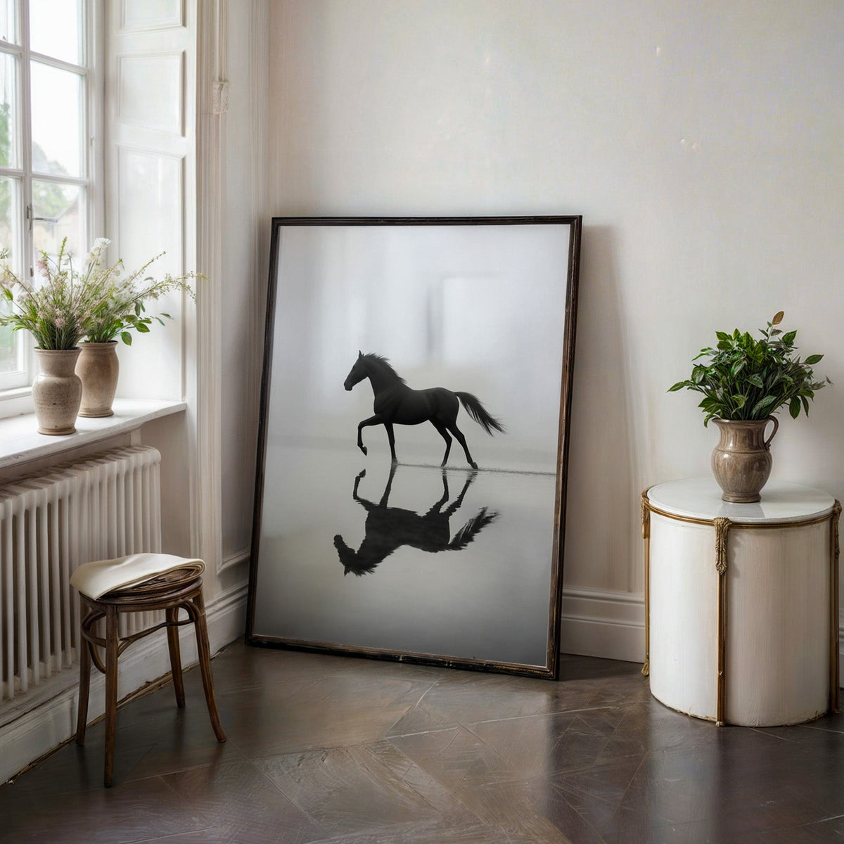 Black horse walking through misty water print in a black frame on a dark stone floor beside a white side table