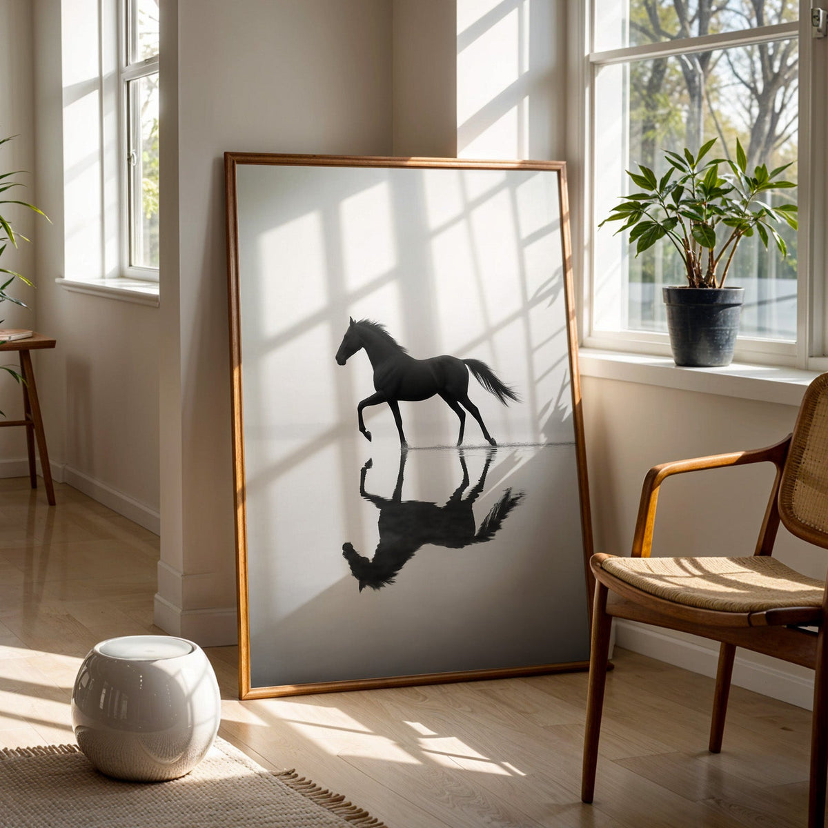 Black horse walking through misty water print in a walnut frame on a wood floor beside a cane chair and sunny window