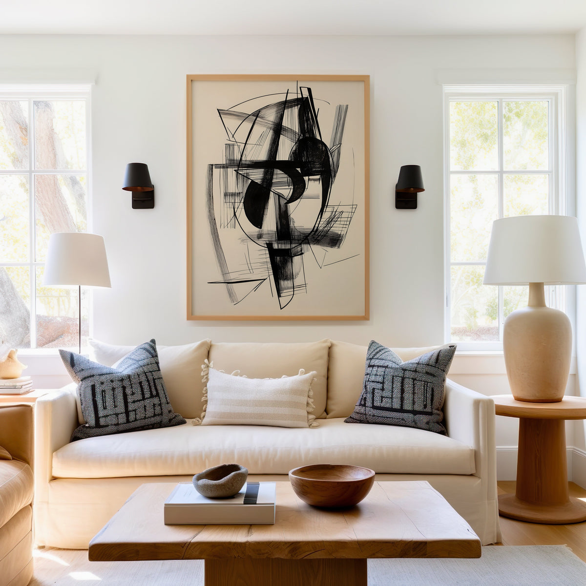 Black ink abstract sketch line art print in a light oak frame above a cream sofa between two black wall sconces