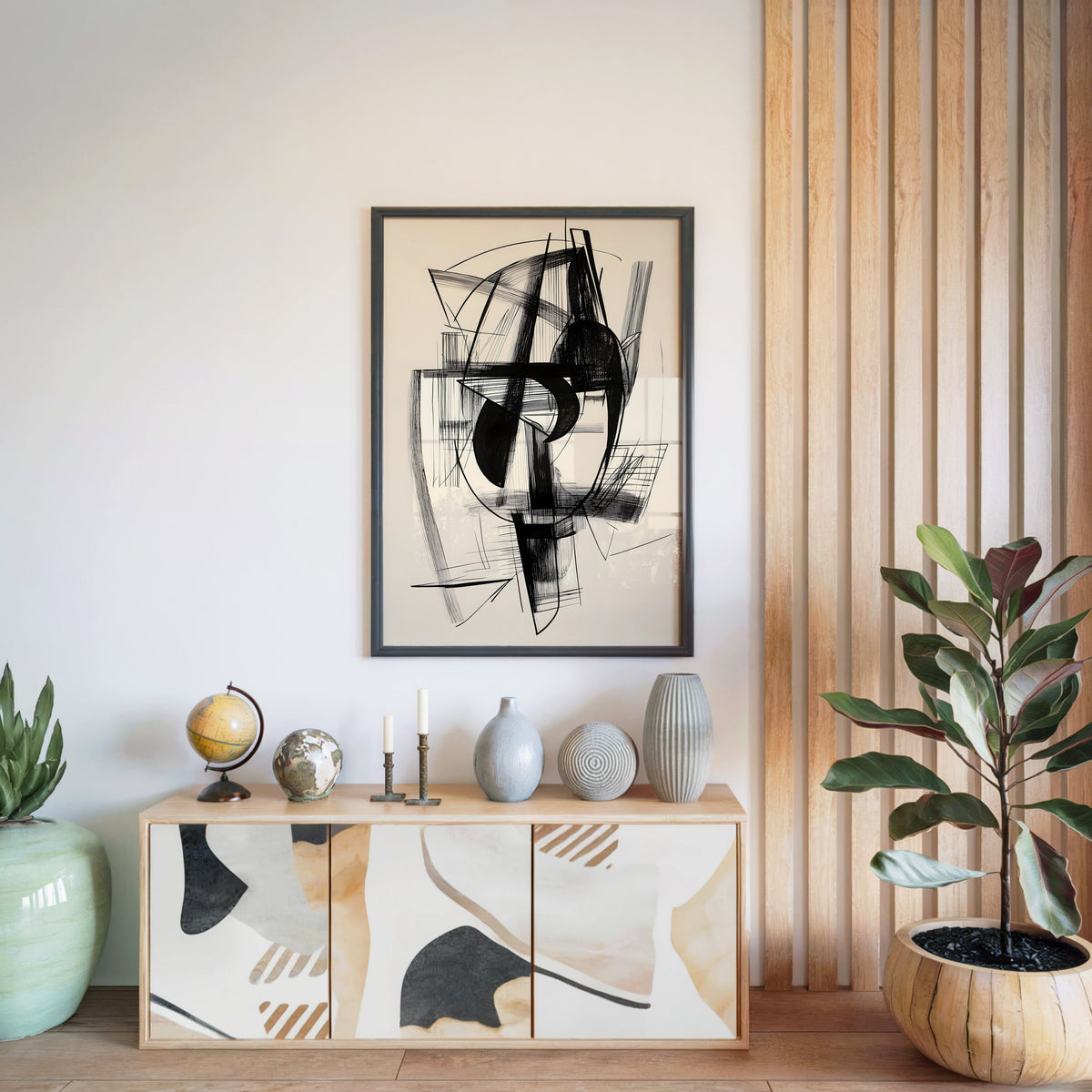 Black ink abstract sketch line art print in a black frame above a light wood sideboard by a wood slat wall