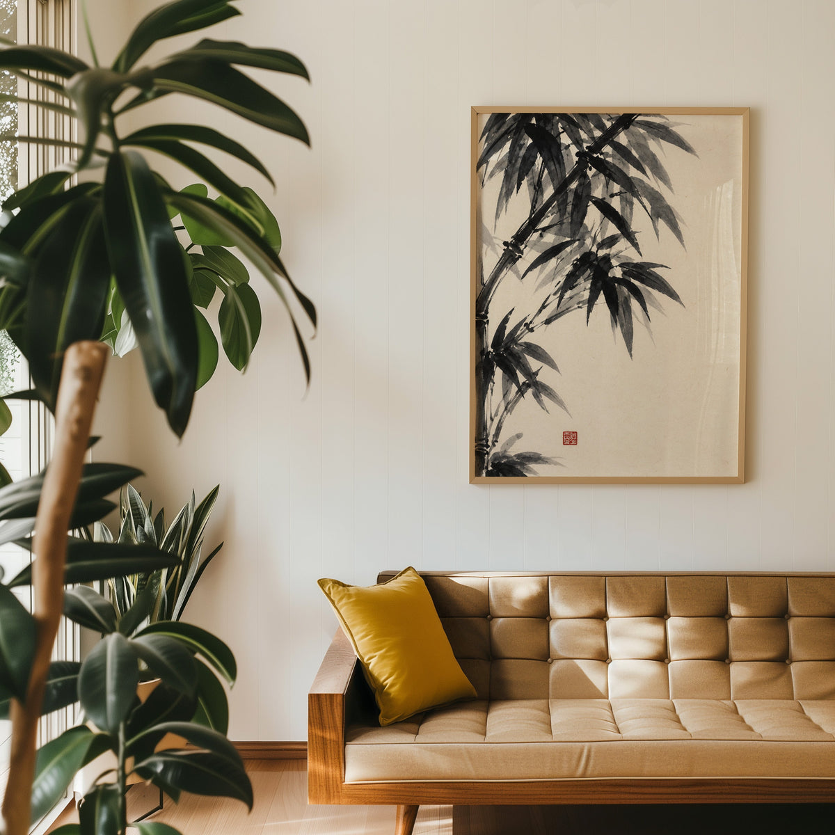 Black ink bamboo sumi-e poster in an oak frame above a tan tufted leather sofa with a mustard cushion
