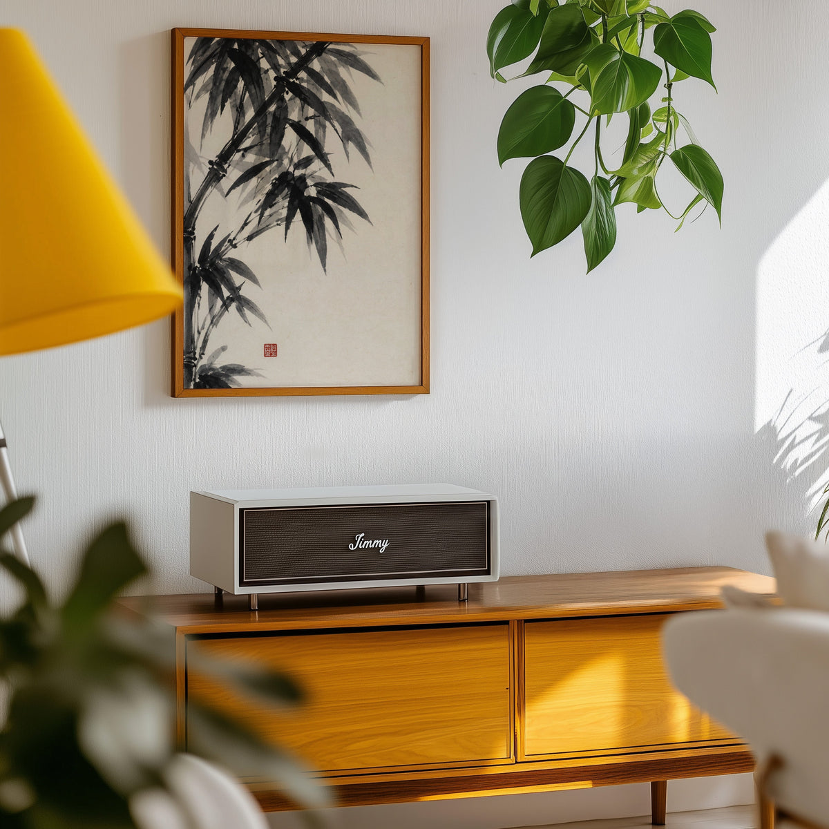 Black ink bamboo sumi-e poster in an oak frame above a teak mid-century sideboard with trailing pothos