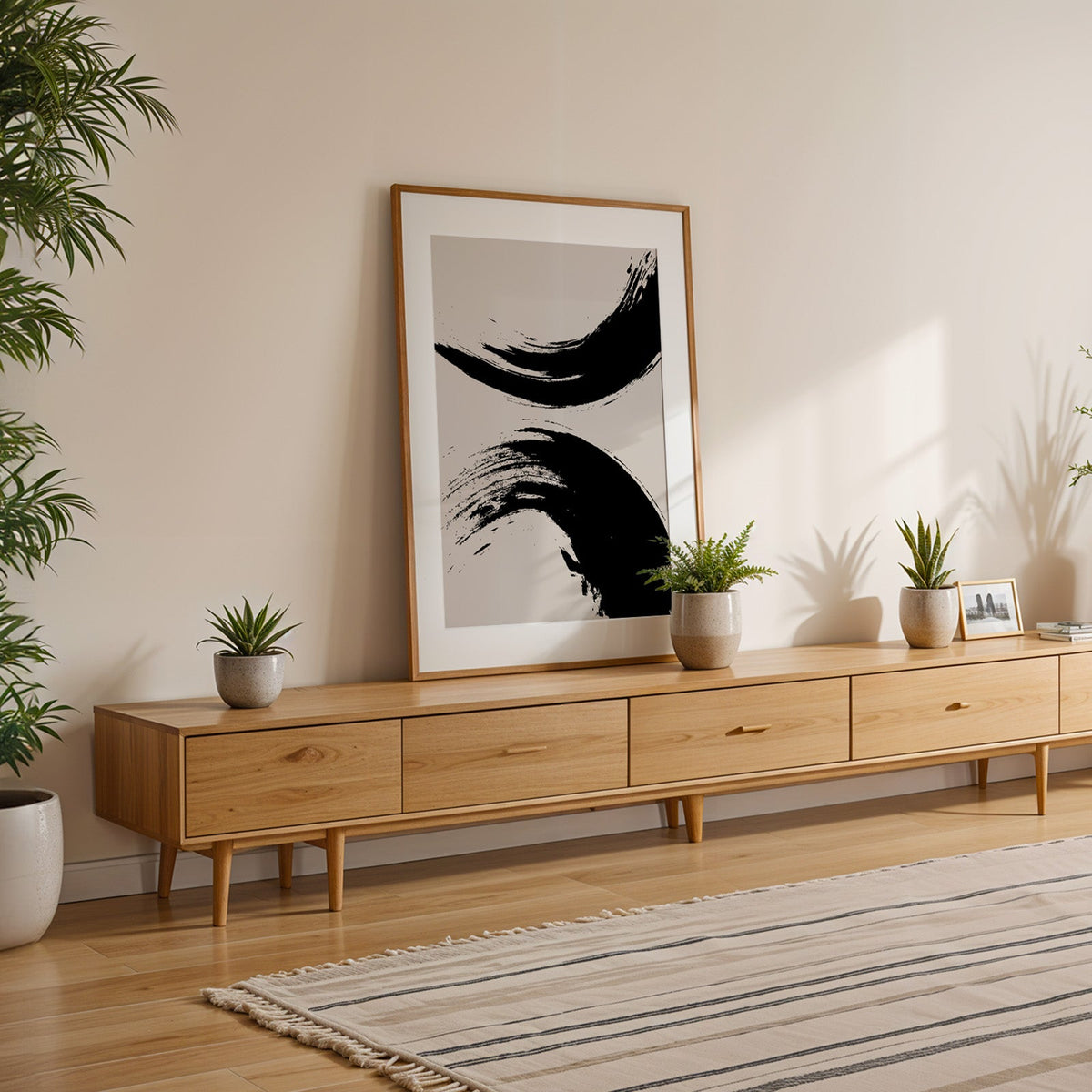 Black ink brush arcs abstract print shown with a white mat in an oak frame on a low oak console
