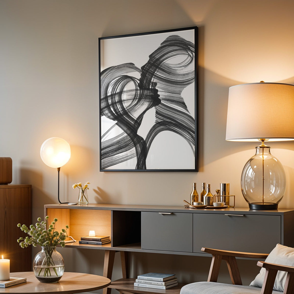 Black ink brush swirl abstract print in a black frame above a grey media console with a glass table lamp
