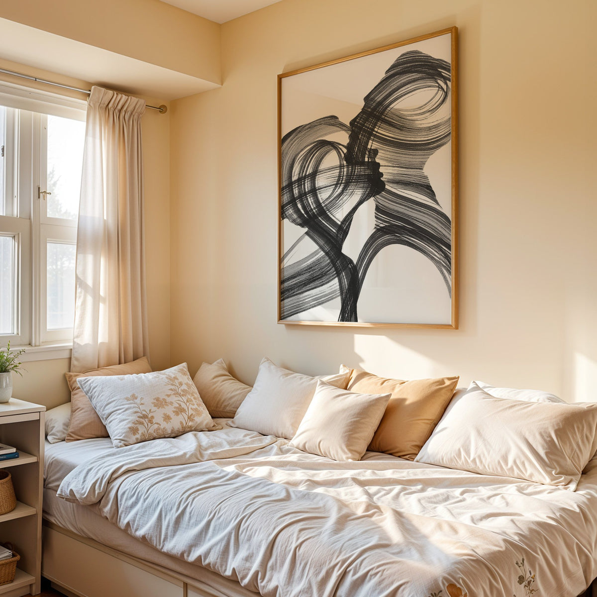 Black ink brush swirl abstract print in an oak frame above a cream daybed in a sunny bedroom