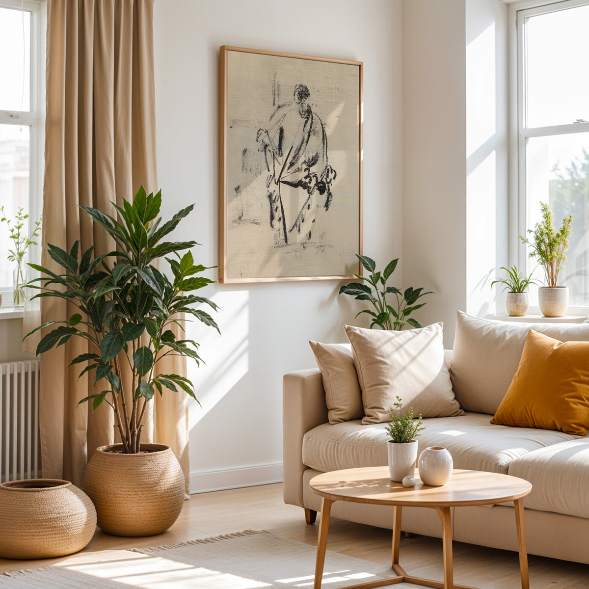 Black ink robed figure with staff sketch print in an oak frame above a cream sofa beside a tall plant in a woven pot