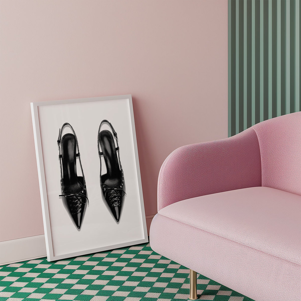 Black lace-up studded slingback heels print in a white frame beside a pink armchair on a checkered floor