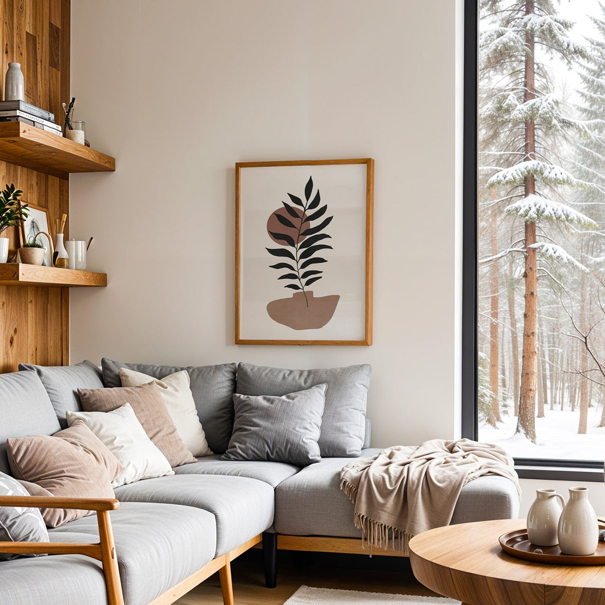 Black leaf branch and terracotta sun boho print in an oak frame above a grey sectional sofa by a snowy forest window