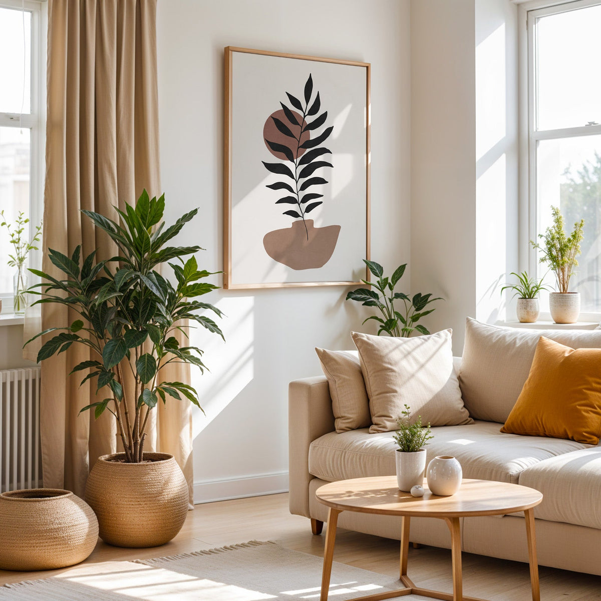 Black leaf branch and terracotta sun boho print in an oak frame above a cream sofa beside a tall plant in a woven pot