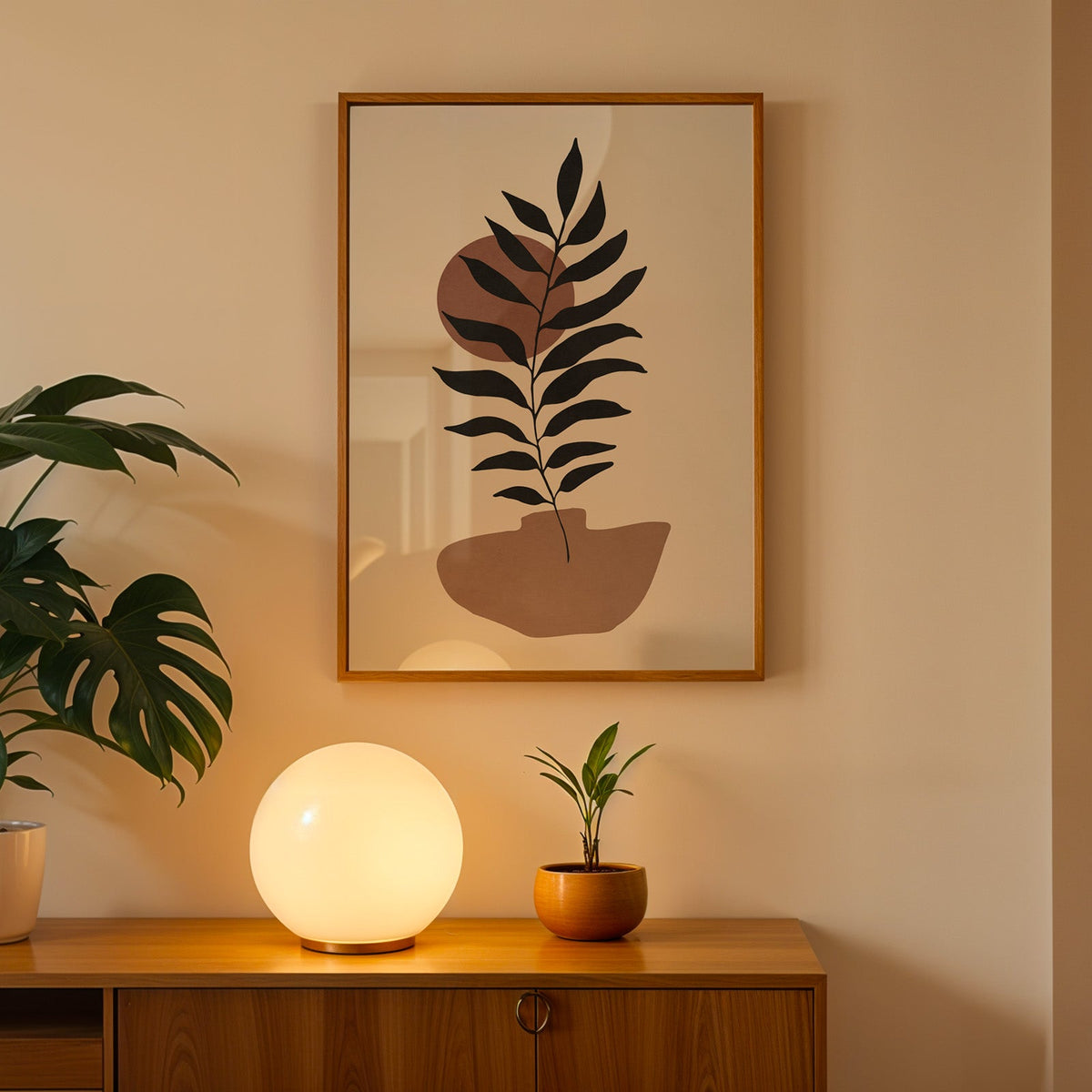 Black leaf branch and terracotta sun boho print in an oak frame above a teak cabinet with a globe lamp and monstera